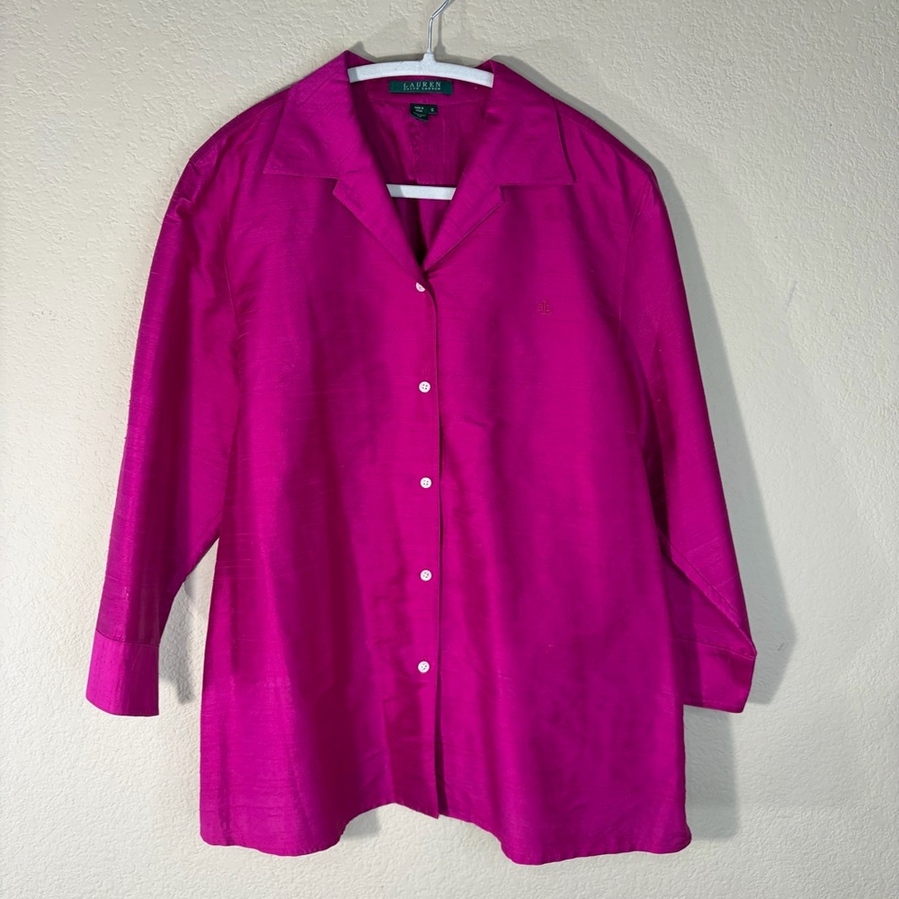 Lauren Ralph Lauren Shirt Womens Sz 16 Pink Silk Button Down Slub Texture Retro